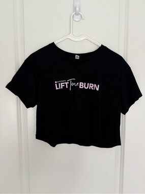 Pure Barre Black Crop Tee with Pink "Lift Tone Burn" Logo Small